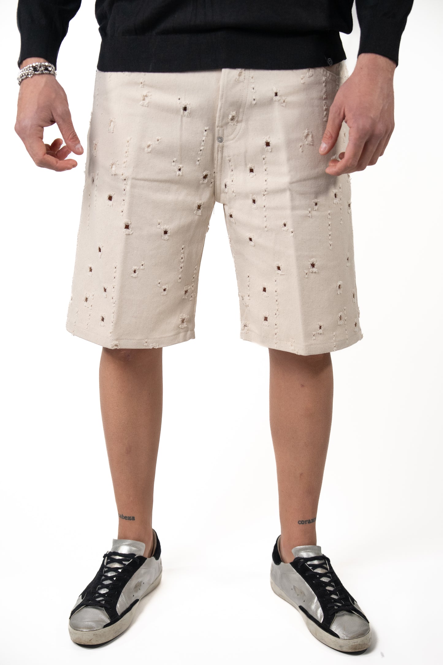Bermuda in Denim Beige con Rotture