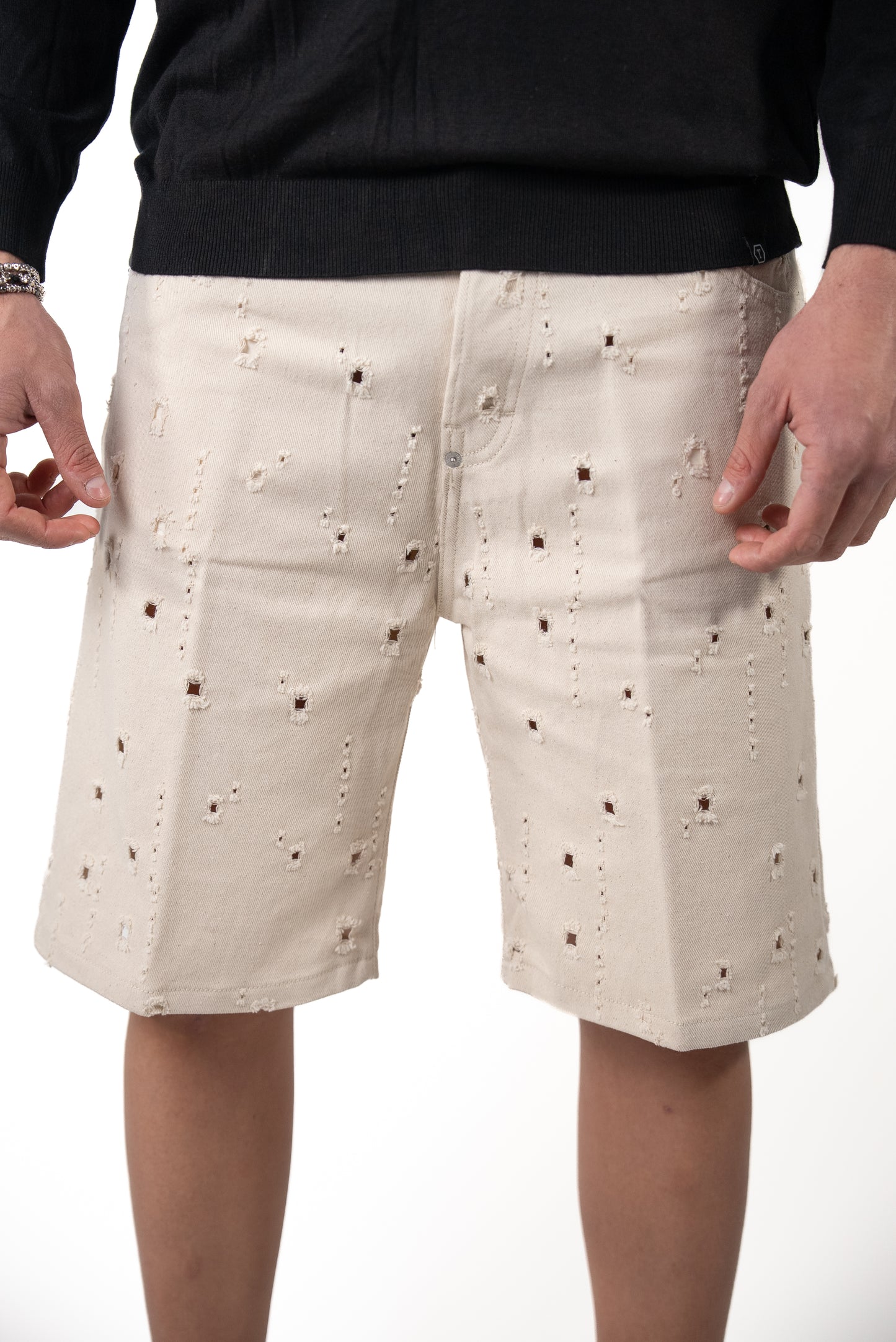 Bermuda in Denim Beige con Rotture