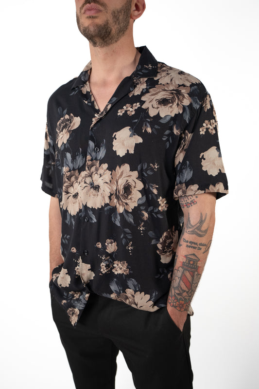 Camicia fantasia manica corta Fiore Nera