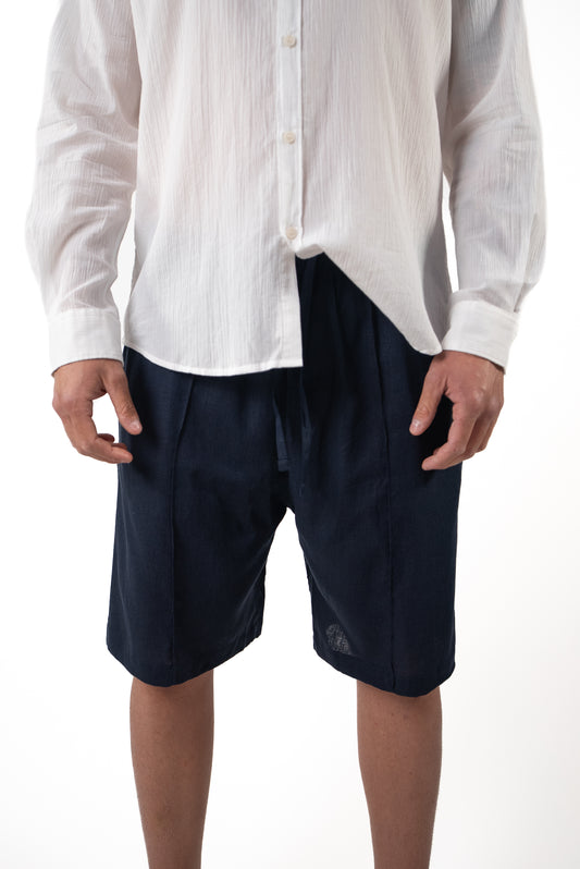 Bermuda in Lino con piega ricamata Blu Navy