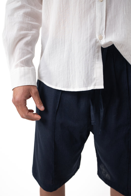 Bermuda in Lino con piega ricamata Blu Navy